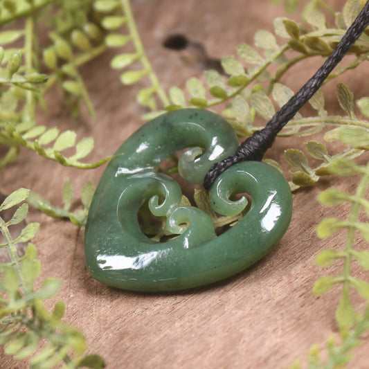 Heart with Koru carved from Hapopo Pounamu - NZ Greenstone
