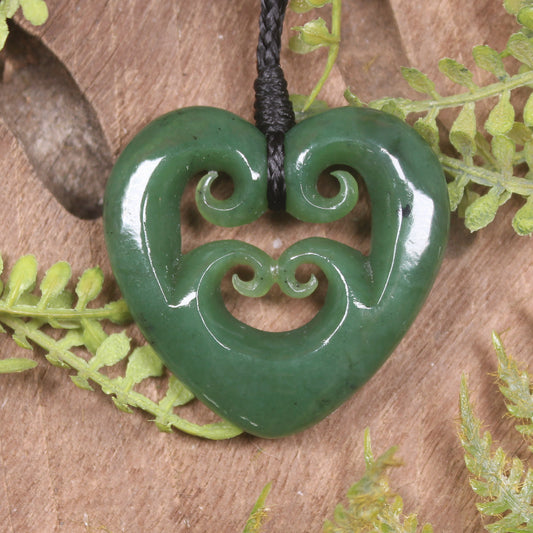 Heart with Koru carved from Hapopo Pounamu - NZ Greenstone