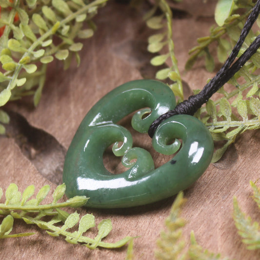 Heart with Koru carved from Hapopo Pounamu - NZ Greenstone