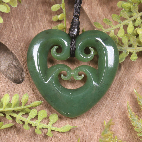 Heart with Koru carved from Hapopo Pounamu - NZ Greenstone