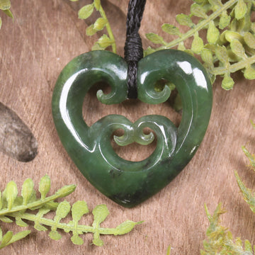 Heart with Koru carved from Kawakawa Pounamu - NZ Greenstone