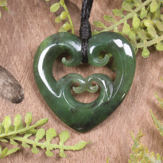 Heart with Koru carved from Kawakawa Pounamu - NZ Greenstone