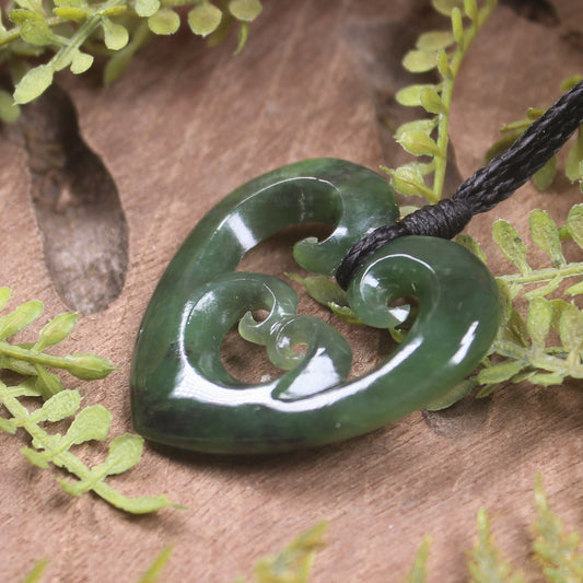 Heart with Koru carved from Kawakawa Pounamu - NZ Greenstone