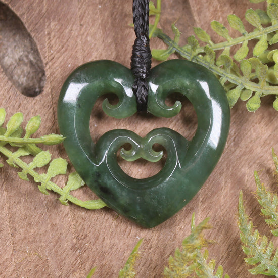 Heart with Koru carved from Kawakawa Pounamu - NZ Greenstone