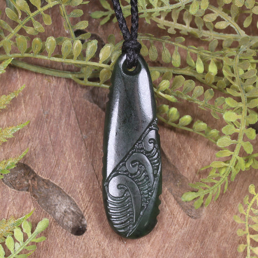 Roimata or Teardop with Koru carved from Rimu Pounamu - NZ Greenstone