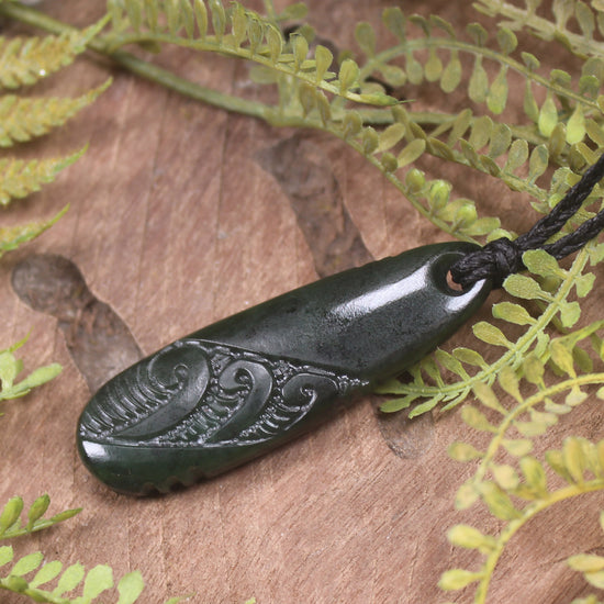 Roimata or Teardop with Koru carved from Rimu Pounamu - NZ Greenstone