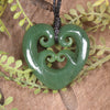 Heart with Koru carved from Hapopo Pounamu - NZ Greenstone