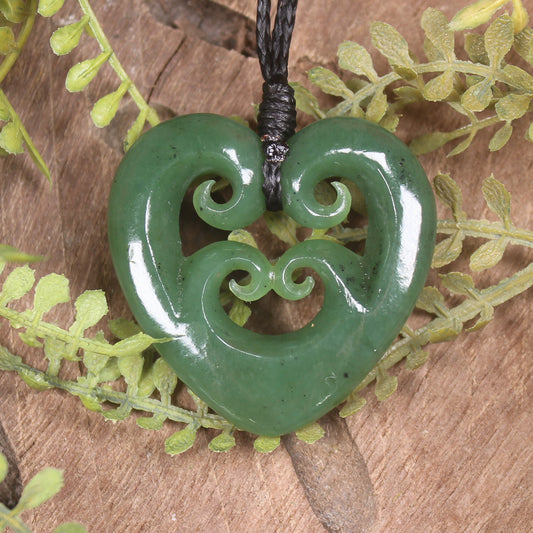 Heart with Koru carved from Hapopo Pounamu - NZ Greenstone