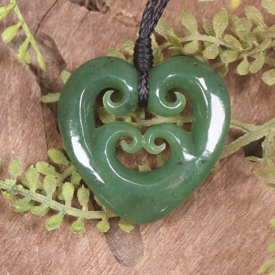 Heart with Koru carved from Hapopo Pounamu - NZ Greenstone
