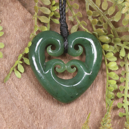 Heart with Koru carved from Hapopo Pounamu - NZ Greenstone