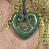 Heart with Koru carved from Hapopo Pounamu - NZ Greenstone
