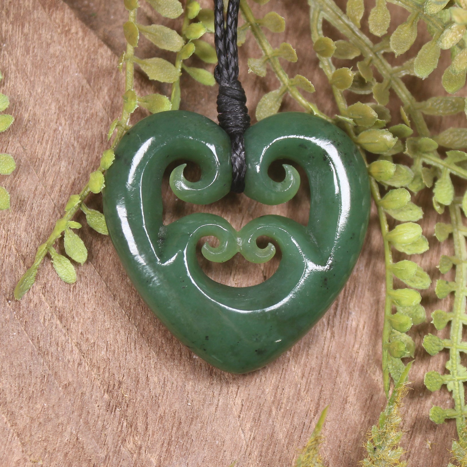 Heart with Koru carved from Hapopo Pounamu - NZ Greenstone