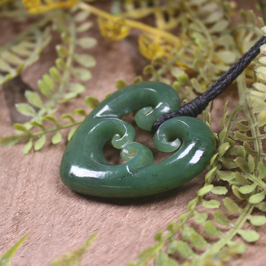 Heart with Koru carved from Hapopo Pounamu - NZ Greenstone