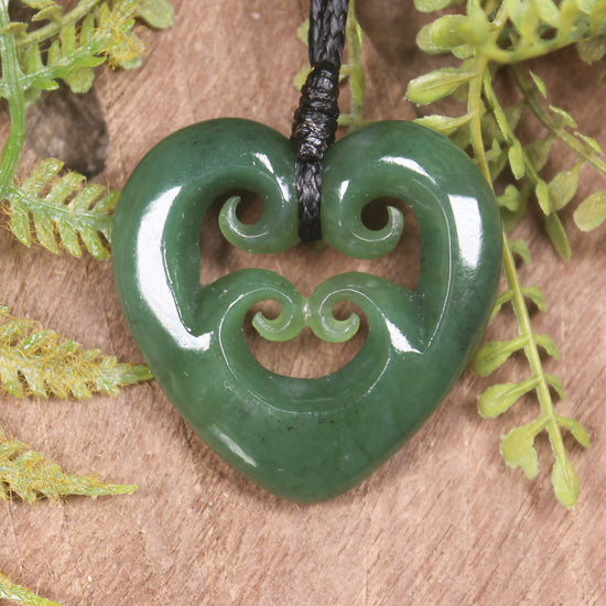 Heart with Koru carved from Hapopo Pounamu - NZ Greenstone