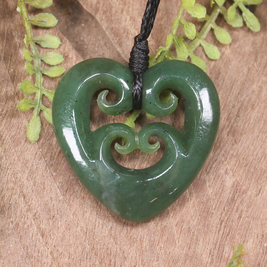 Heart with Koru carved from Hapopo Pounamu - NZ Greenstone