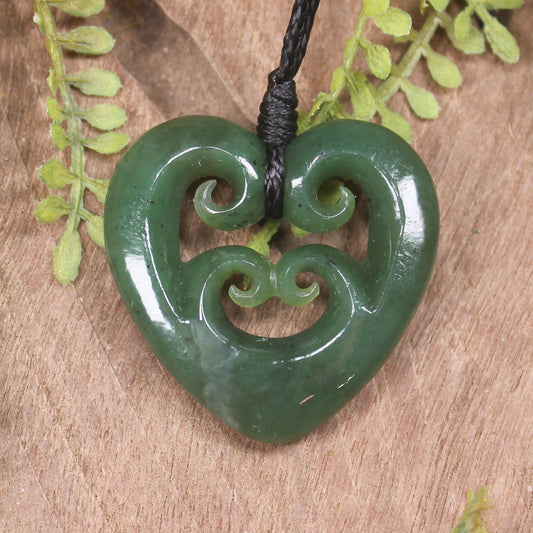 Heart with Koru carved from Hapopo Pounamu - NZ Greenstone
