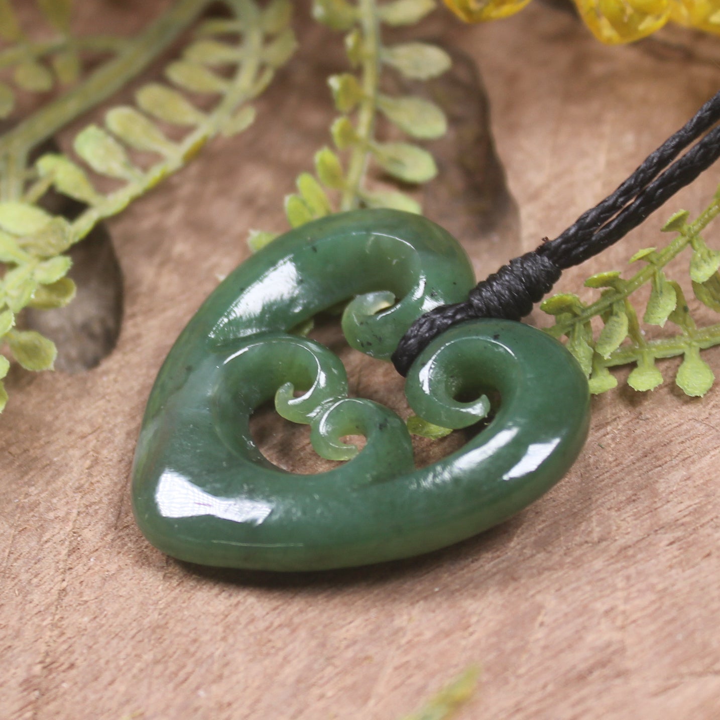 Heart with Koru carved from Hapopo Pounamu - NZ Greenstone