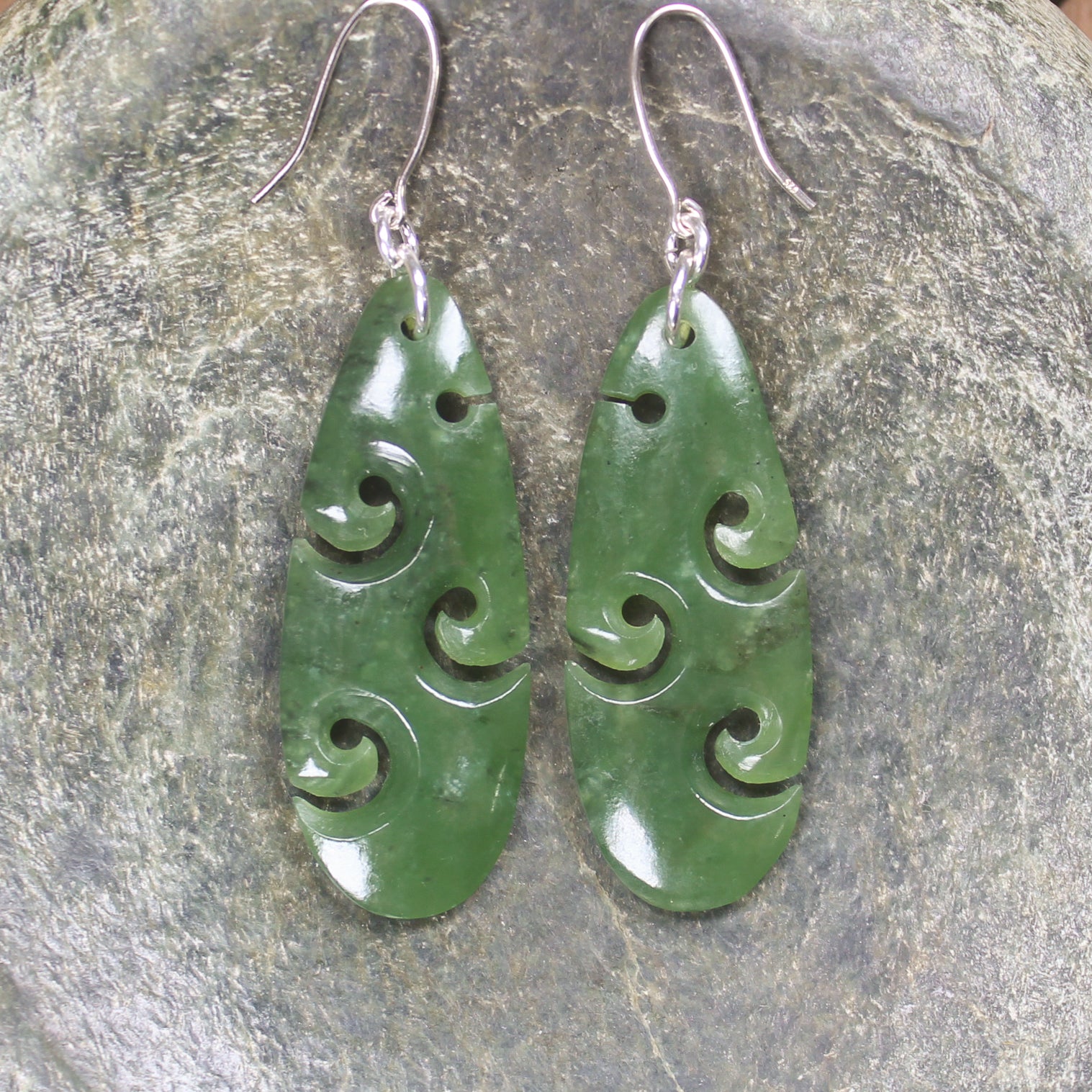 Roimata with Koru earrings carved from Hapopo Pounamu - NZ Greenstone