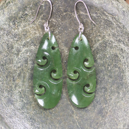 Roimata with Koru earrings carved from Hapopo Pounamu - NZ Greenstone