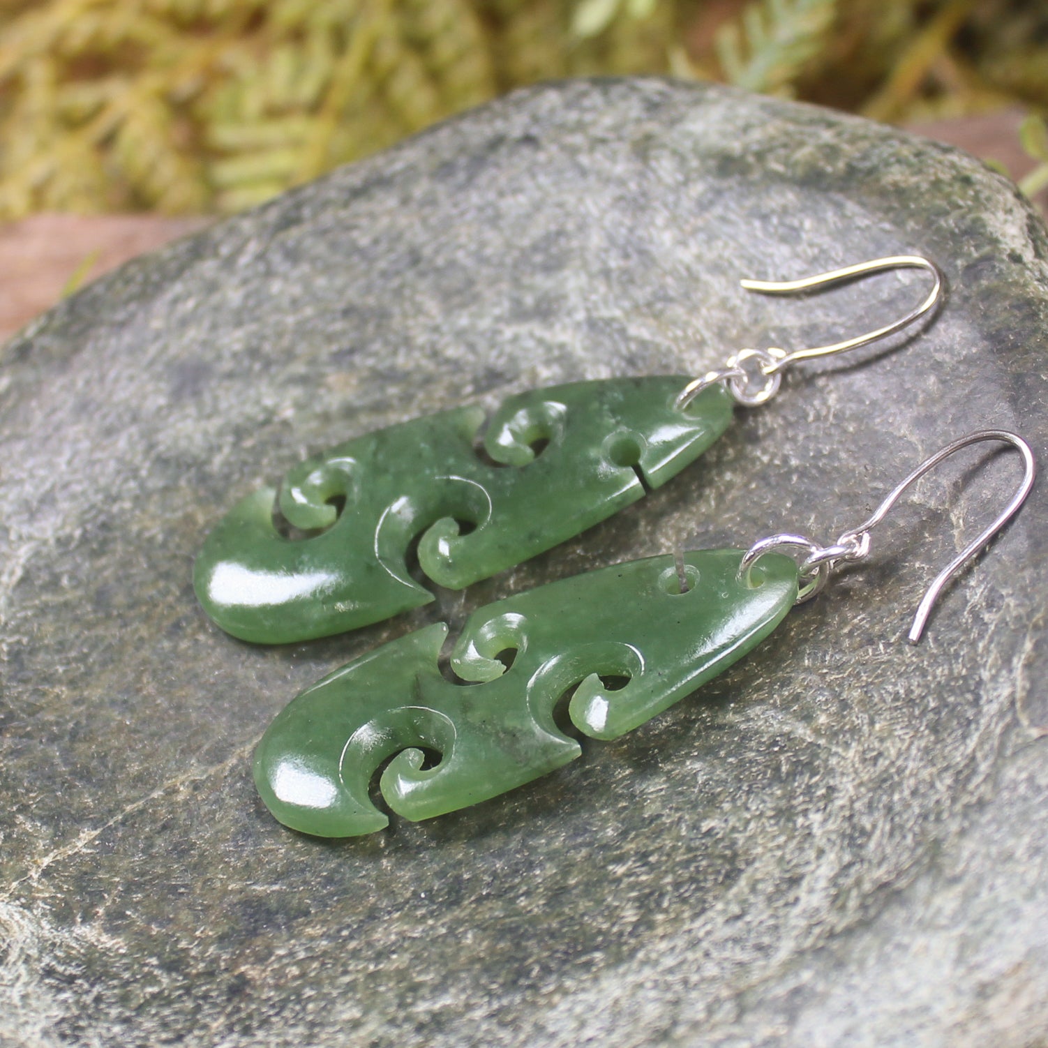 Roimata with Koru earrings carved from Hapopo Pounamu - NZ Greenstone