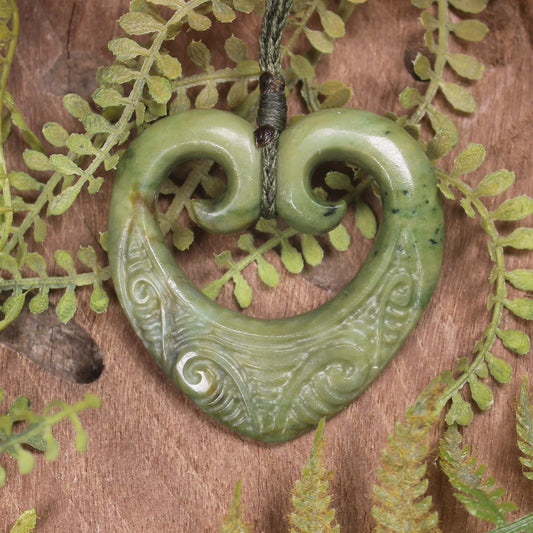 Heart with Koru carved from Flower Jade Pounamu - NZ Greenstone