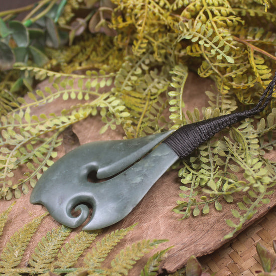 Hei Matau or Fish Hook carved from Inanga Pounamu - NZ Greenstone