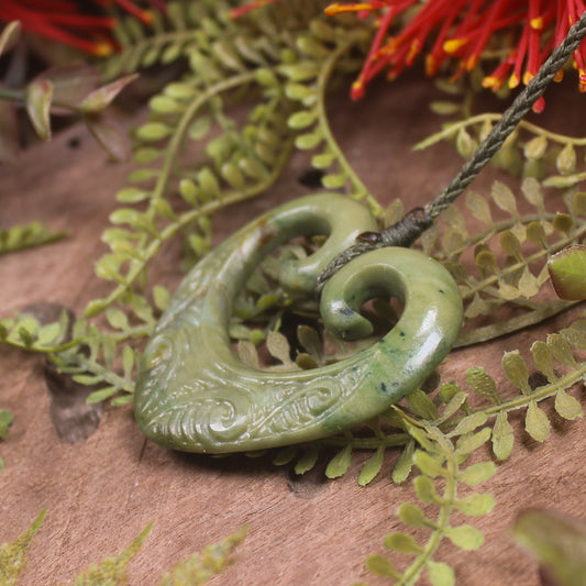 Heart with Koru carved from Flower Jade Pounamu - NZ Greenstone