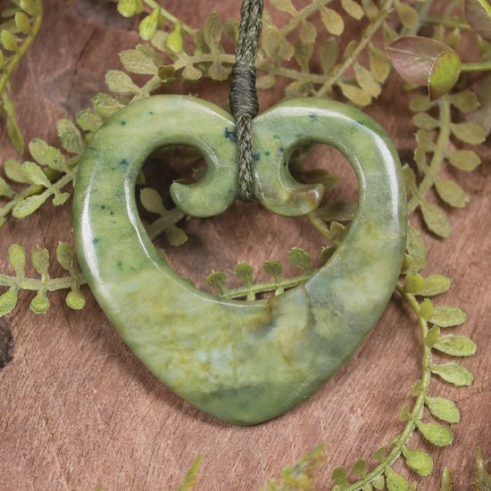 Heart with Koru carved from Flower Jade Pounamu - NZ Greenstone