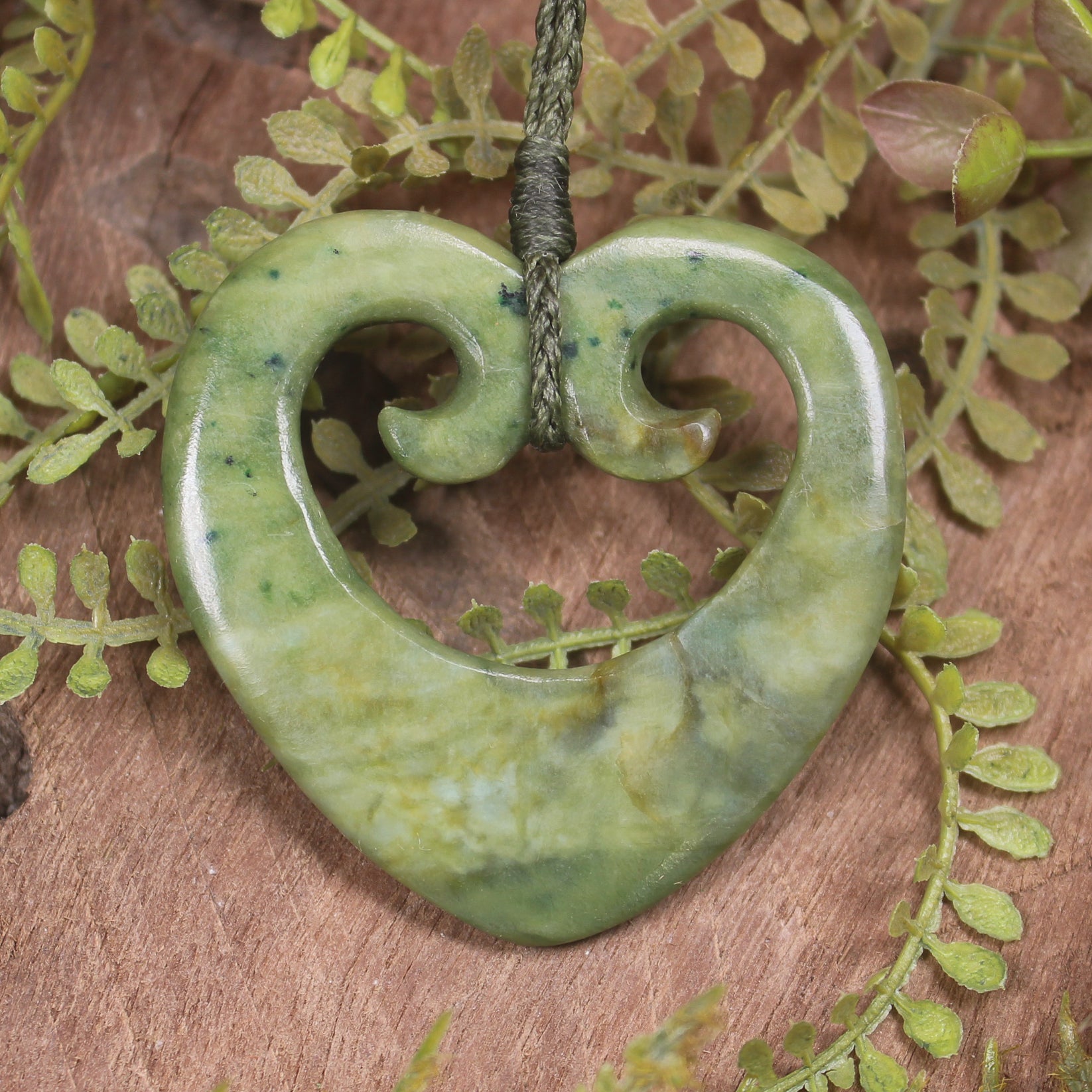 Heart with Koru carved from Flower Jade Pounamu - NZ Greenstone