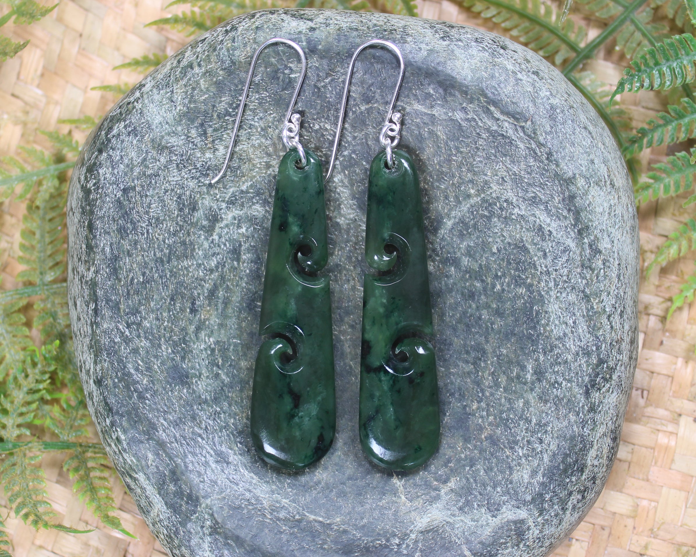 Roimata with Koru earrings carved from Kawakawa Pounamu - NZ Greenstone