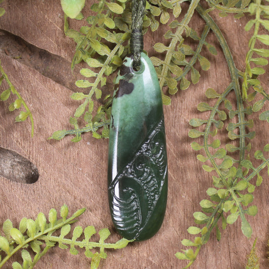 Roimata or Teardop with Koru carved from Kawakawa Pounamu - NZ Greenstone