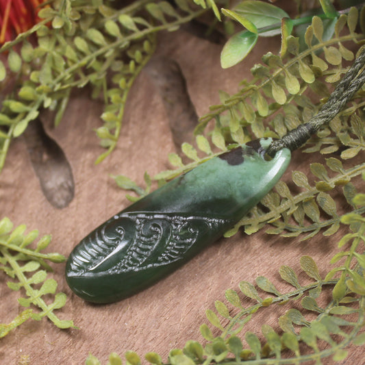 Roimata or Teardop with Koru carved from Kawakawa Pounamu - NZ Greenstone