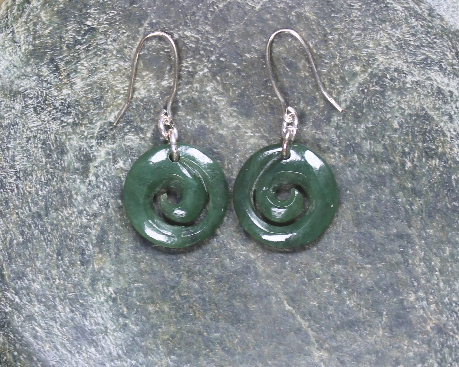 Koru Earrings carved from Hapopo Pounamu - NZ Greenstone