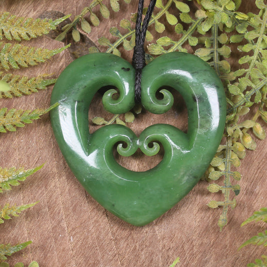 Heart with Koru carved from Hapopo Pounamu - NZ Greenstone