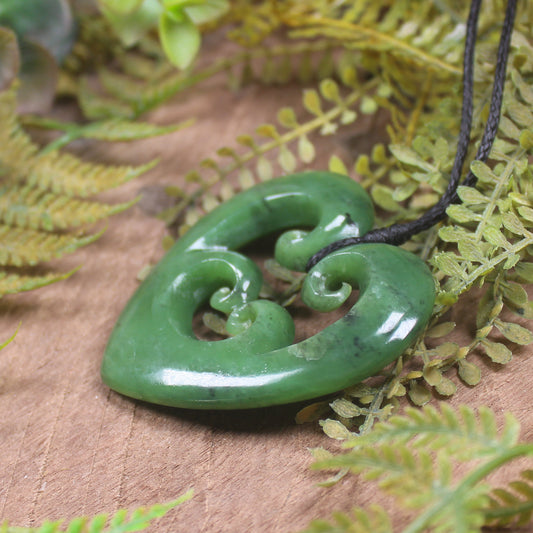Heart with Koru carved from Hapopo Pounamu - NZ Greenstone
