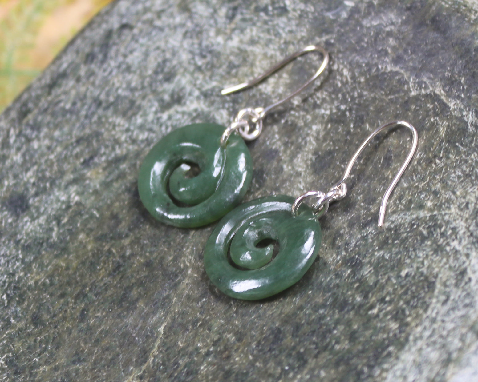 Koru Earrings carved from Hapopo Pounamu - NZ Greenstone