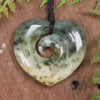 Heart with Koru carved from Flower Jade Pounamu - NZ Greenstone
