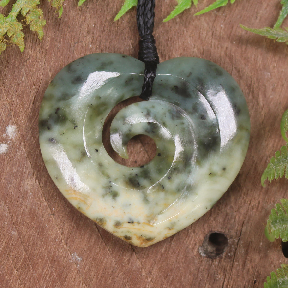 Heart with Koru carved from Flower Jade Pounamu - NZ Greenstone