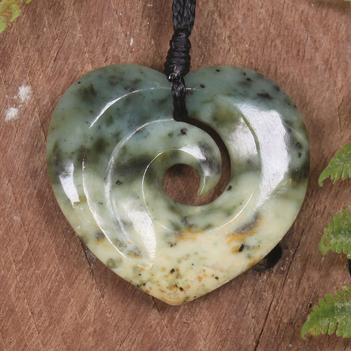 Heart with Koru carved from Flower Jade Pounamu - NZ Greenstone