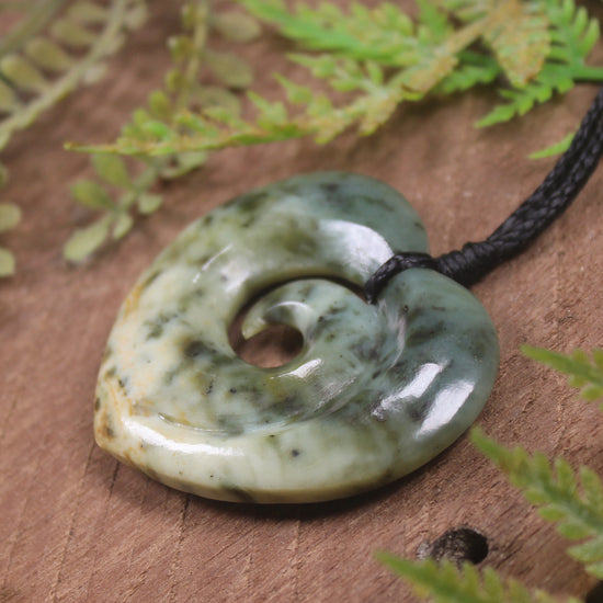 Heart with Koru carved from Flower Jade Pounamu - NZ Greenstone