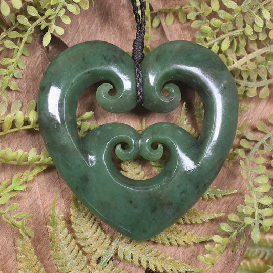 Heart with Koru carved from Hapopo Pounamu - NZ Greenstone