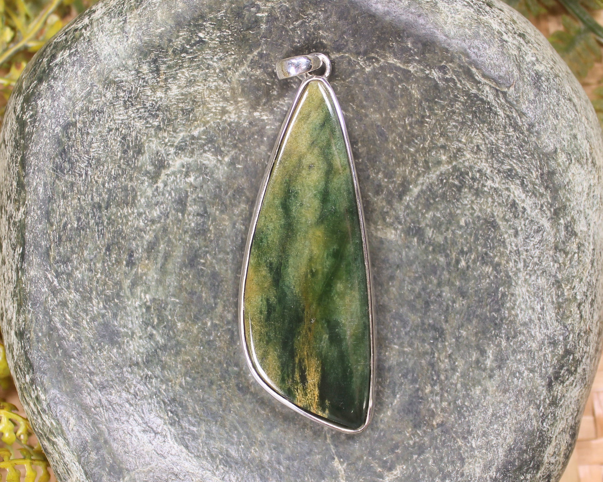 Sterling Silver Greenstone Pendant carved from Flower Jade Pounamu - NZ Greenstone