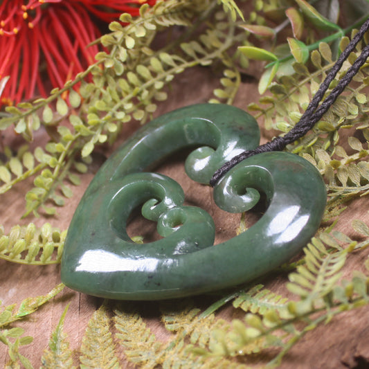 Heart with Koru carved from Hapopo Pounamu - NZ Greenstone