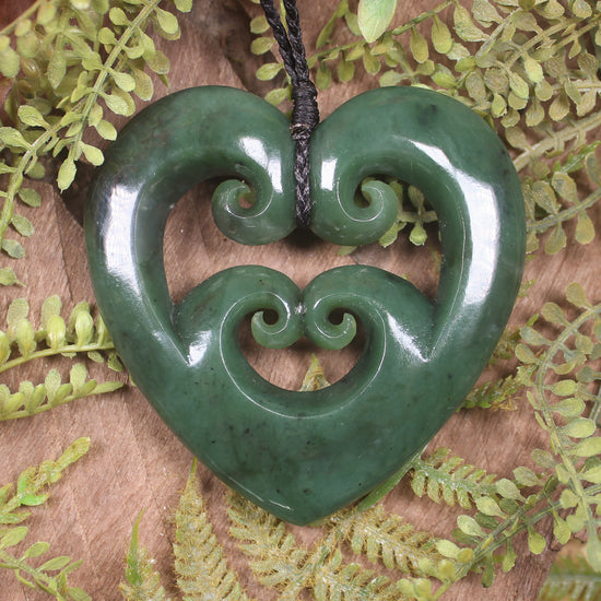 Heart with Koru carved from Hapopo Pounamu - NZ Greenstone