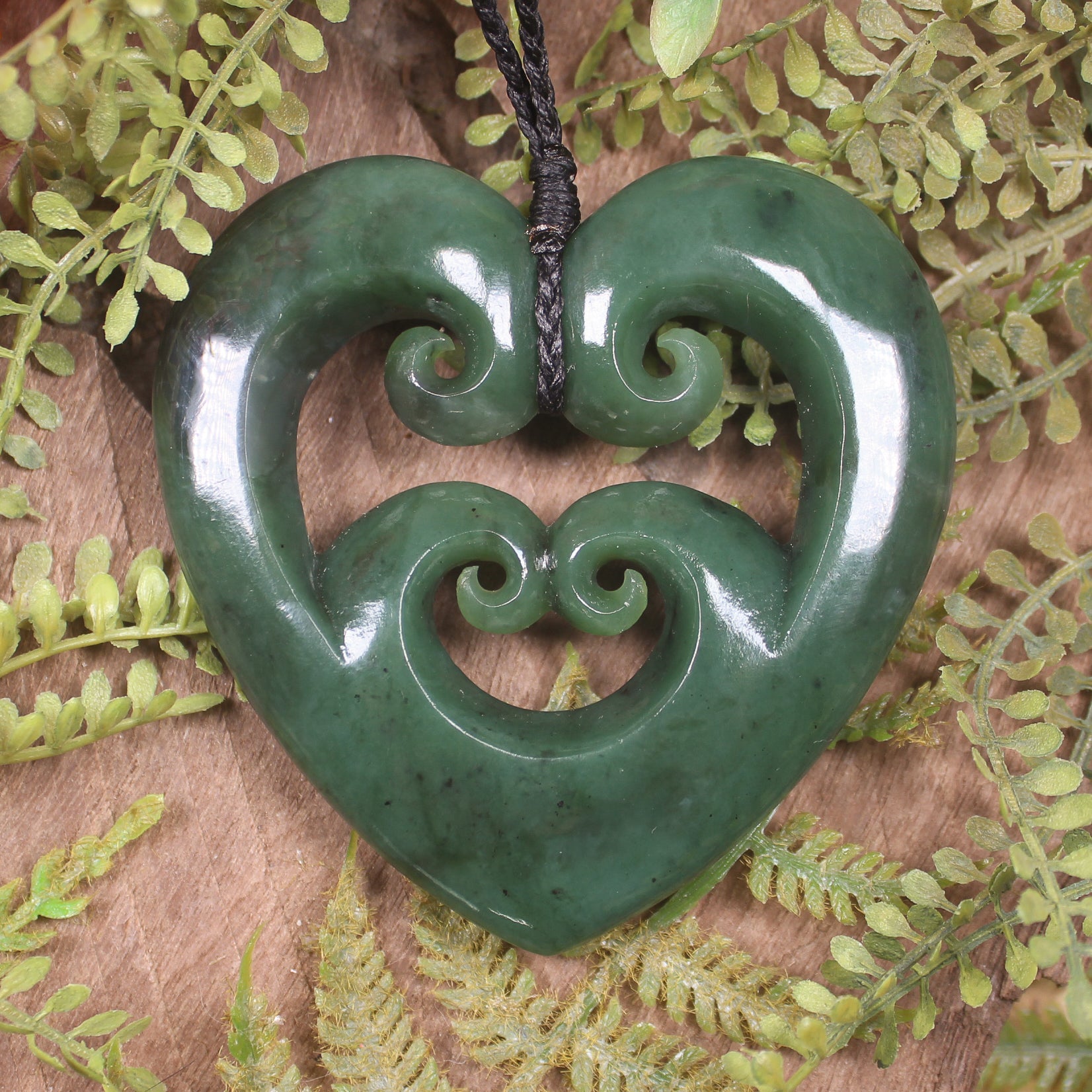 Heart with Koru carved from Hapopo Pounamu - NZ Greenstone