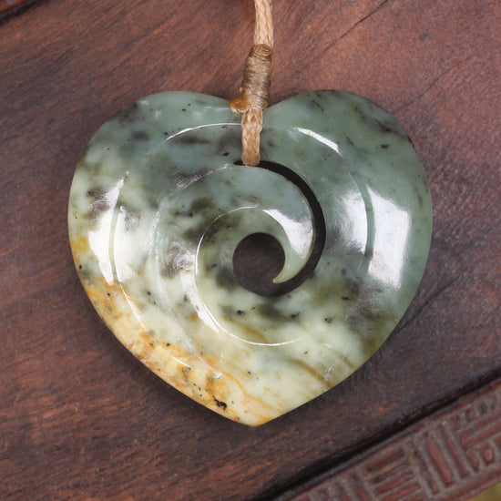 Heart with Koru carved from Flower Jade Pounamu - NZ Greenstone