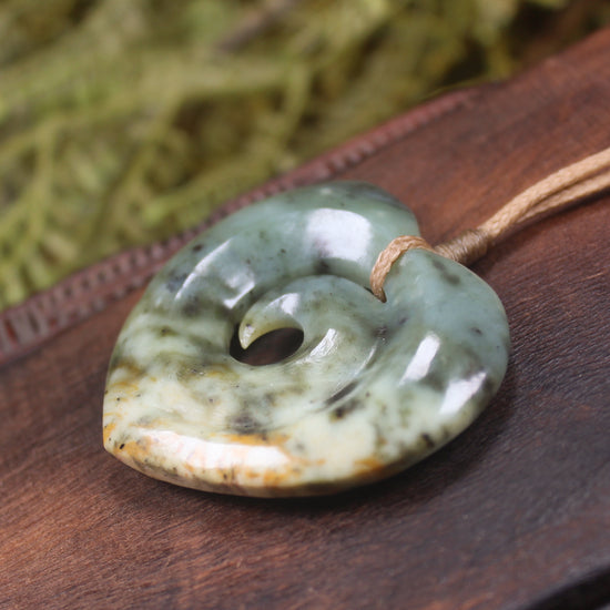 Heart with Koru carved from Flower Jade Pounamu - NZ Greenstone