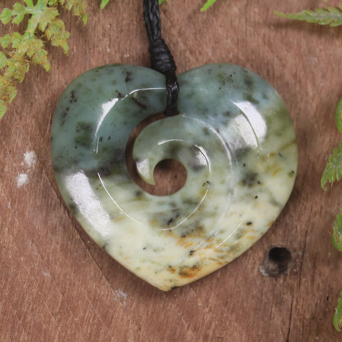 Heart with Koru carved from Flower Jade Pounamu - NZ Greenstone