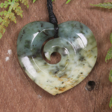 Heart with Koru carved from Flower Jade Pounamu - NZ Greenstone