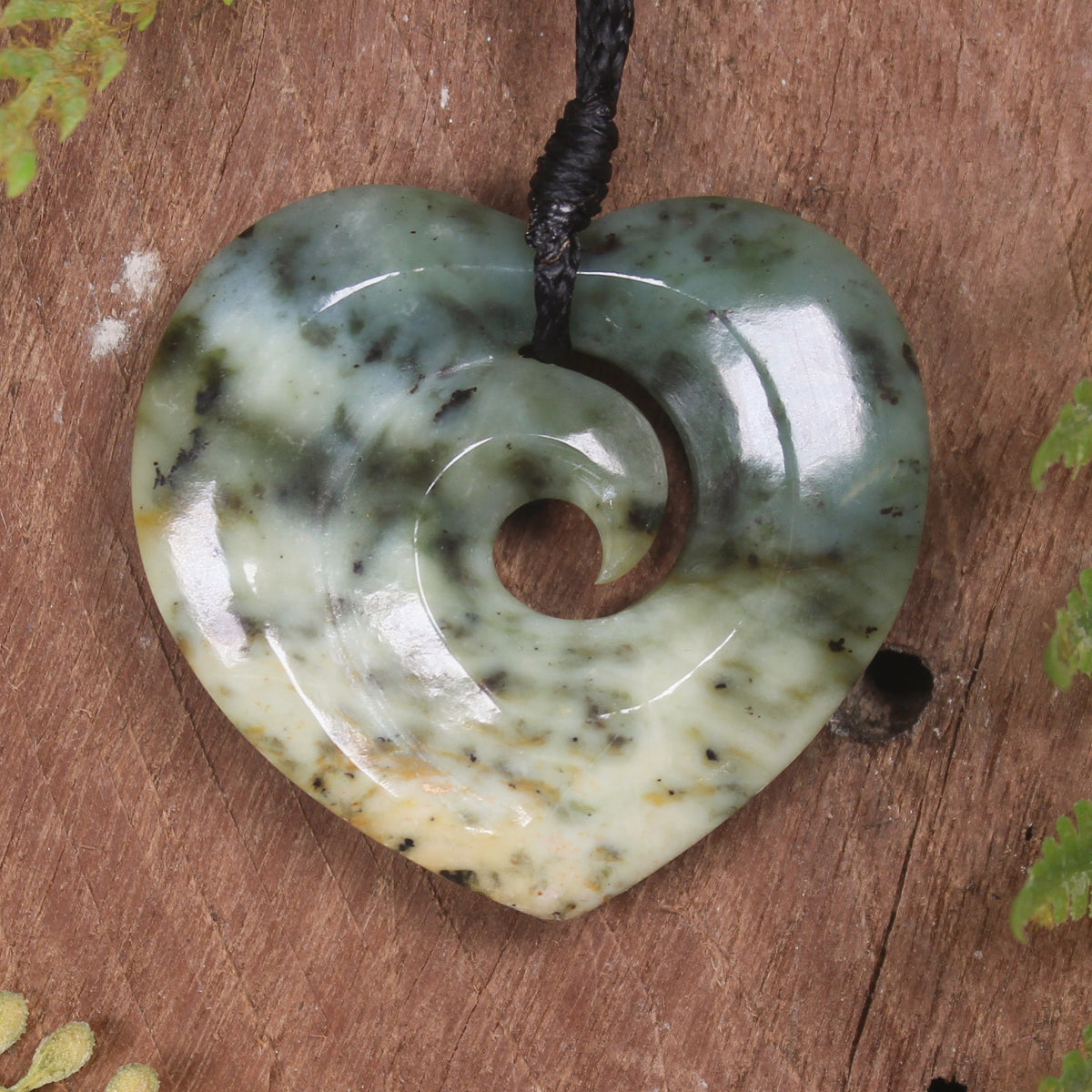 Heart with Koru carved from Flower Jade Pounamu - NZ Greenstone